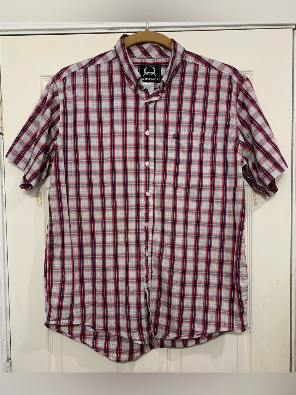 CINCH Men's Dark Pink Redish Navy Large Plaid Short Sleeve Shirt. 3903Q